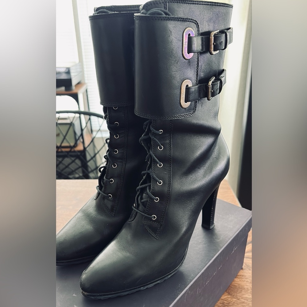 RALPH LAUREN Collection black leather lace up boot. Featuring lace-up design.